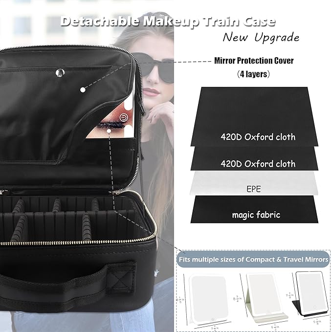 MOMIRA Travel Makeup Bag Cosmetic Bag Makeup Organizer Bag with Lighted Mirror, Adjustable Brightness in 3 Color Scenarios, Waterproof Makeup Train Case, Gift for Women - Woven black