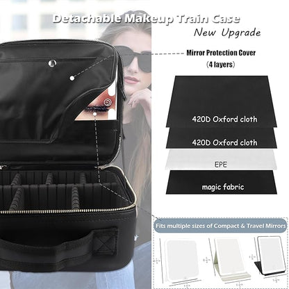 MOMIRA Travel Makeup Bag Cosmetic Bag Makeup Organizer Bag with Lighted Mirror, Adjustable Brightness in 3 Color Scenarios, Waterproof Makeup Train Case, Gift for Women - Woven black