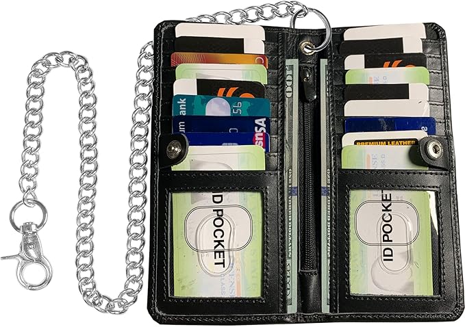 CLASSIC Motorcycle Chain Wallet for Men – Premium Cowhide Leather, RFID Bi-Fold Biker Wallet with Heavy Duty Chain for Bikers Truckers & Hunters, Credit Card Money Organizer Long Wallet Aniline Black