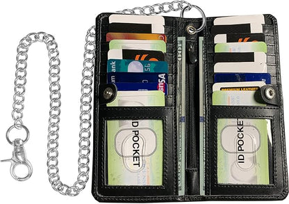 CLASSIC Motorcycle Chain Wallet for Men – Premium Cowhide Leather, RFID Bi-Fold Biker Wallet with Heavy Duty Chain for Bikers Truckers & Hunters, Credit Card Money Organizer Long Wallet Aniline Black
