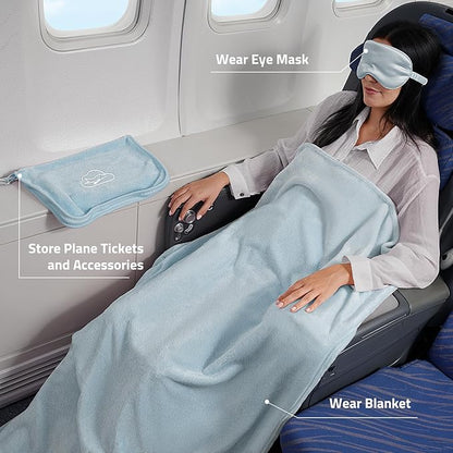 Travel Blanket, 3-in-1 Ultra-Soft, Warm & Lightweight Travel Blanket Airplane with Bag, 65x40 in, Airplane Travel Essentials for Women, Men & Kids with Eye Mask, Luggage Sleeve & Backpack Clip