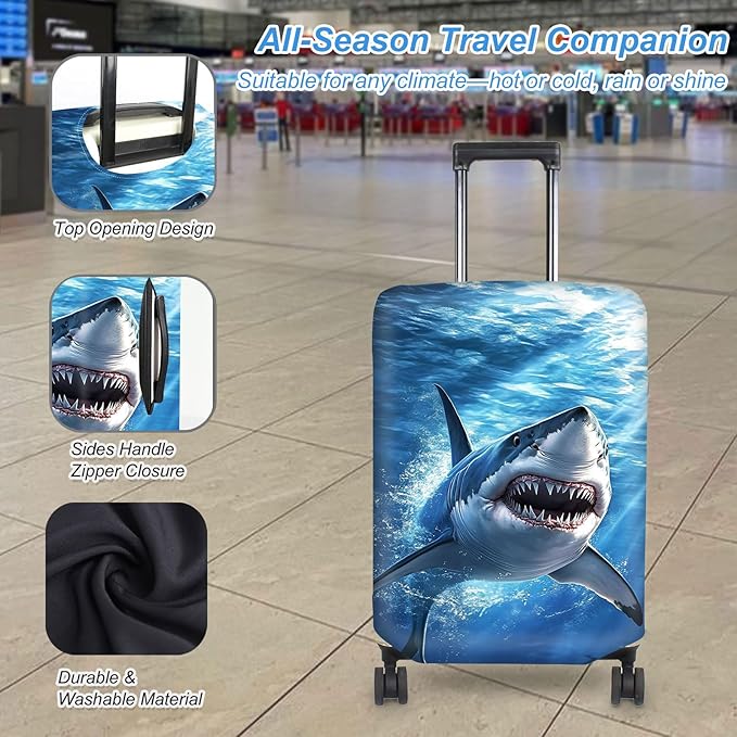 Luggage Cover Protector for 26-28 Inch Suitcases, TSA Approved Elastic Travel Suitcase Covers, Anti-Scratch Washable Luggage Sleeve for Carry On & Checked Bags, White Shark