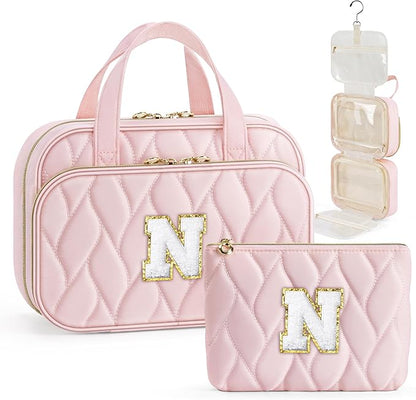 YOOLIFE Hanging Toiletry Bag for Women - Large Travel Toiletry Bag Makeup Bag, Portable Toiletries Cosmetic Bag, Airplane Travel Essentials - Letter N, Pink