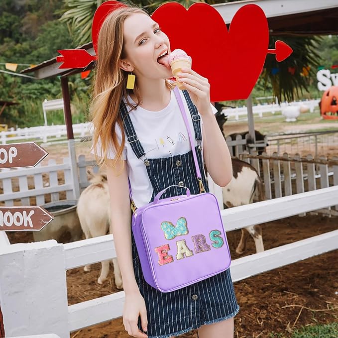 Chenille Letter Bow Mouse Ears Travel Case, Park Ears Headband Holder Hair Accessories Organizer Bag for Girls Women Kids Adults, Large Makeup Bag Snack Bags with Zipper for Travel Picnic - Purple