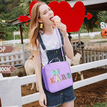 Chenille Letter Bow Mouse Ears Travel Case, Park Ears Headband Holder Hair Accessories Organizer Bag for Girls Women Kids Adults, Large Makeup Bag Snack Bags with Zipper for Travel Picnic - Purple