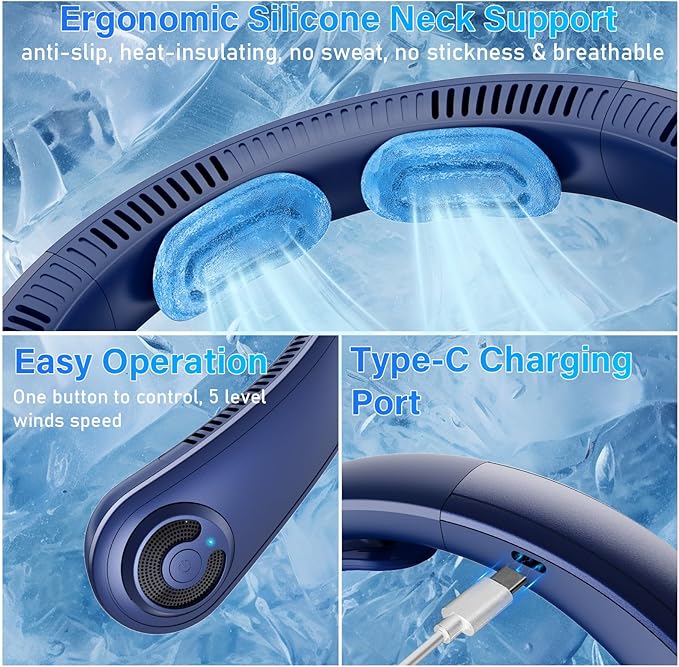 Neck Fan - Portable Neck Fan with Neck Support, 5 Speeds, All Around Airflow, Hand-free Bladeless Personal Cooling Fans, Rechargeable Wearable Fan for Outdoor and Indoor, Festival Gifts for Men Women