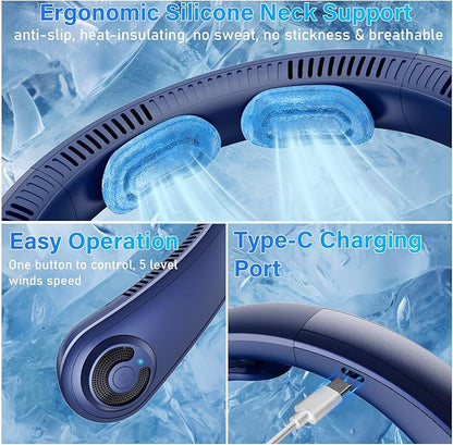 Neck Fan - Portable Neck Fan with Neck Support, 5 Speeds, All Around Airflow, Hand-free Bladeless Personal Cooling Fans, Rechargeable Wearable Fan for Outdoor and Indoor, Festival Gifts for Men Women