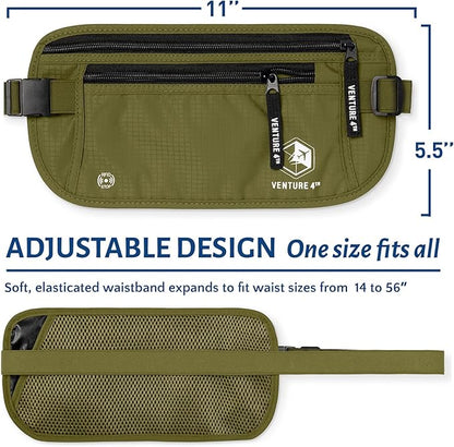 VENTURE 4TH Travel Money Belt - Slim Passport Holder RFID Blocking Travel Pouch to Protect Cash, Credit Cards and Travel Documents (Green)