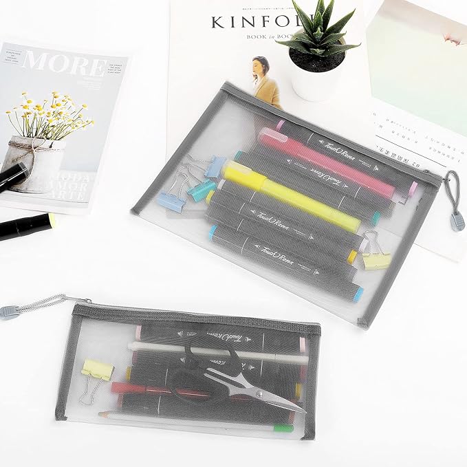 12 Pieces Zipper Nylon Mesh Pouch, Mesh Cosmetic Bags Makeup Bags Pencil Case, Multipurpose Travel Bags for Cosmetic School Office Supplies and Travel Accessories (Grey, A5+B6)