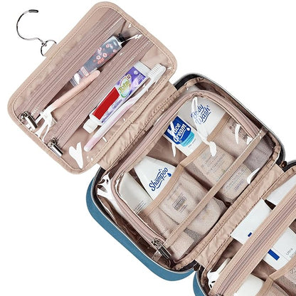 NISHEL Travel Toiletry Bag for women, Portable Hanging Organizer for Travel-Sized Shampoo, Conditioner, Brushes Set, Makeup Accessories, Medium Size, Lake-Blue