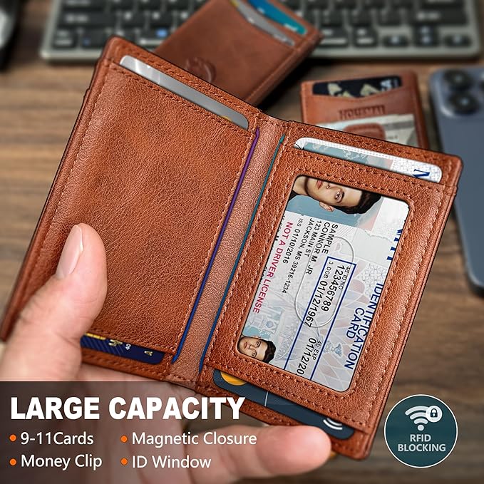 Magnetic Closure Slim Wallet with Money Clip Gift Boxed,Genuine Leather Front Pocket Wallet for Men, 3.9"x 2.10", RFID Blocking