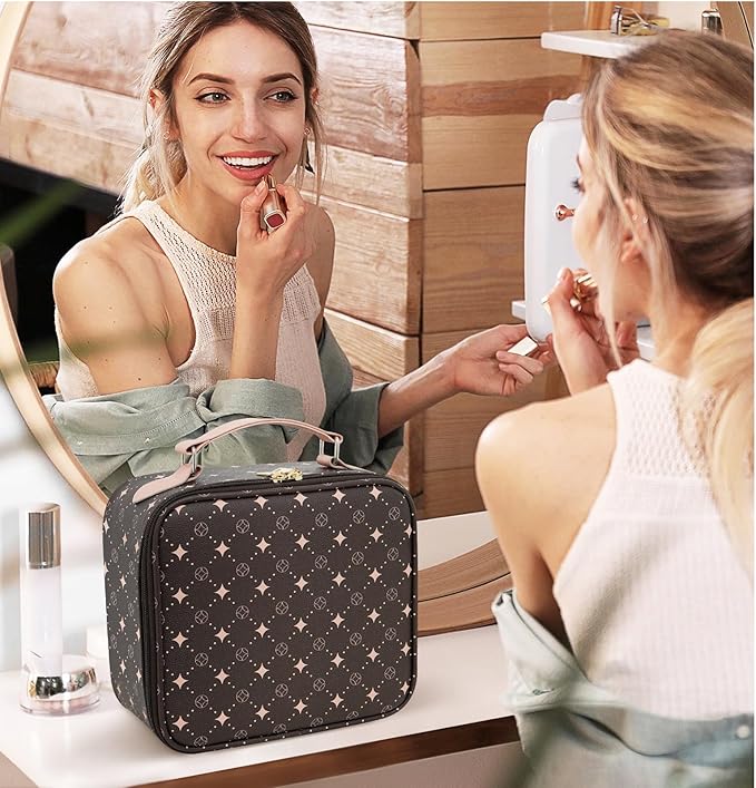 Travel Makeup Bag With 360° rotating LED Mirror,Waterproof cosmetic organizer,Portability Cosmetic case,Makeup organizer,Gift for Women,Girls Gift (Coffee + Pink)