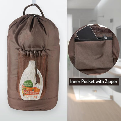 Large Laundry Backpack Bag with Detergent Holder and Adjustable Shoulder Straps, Clothes Laundry Backpack for College, Travel, Apartment, Laundromat, Dorm Room (Brown)