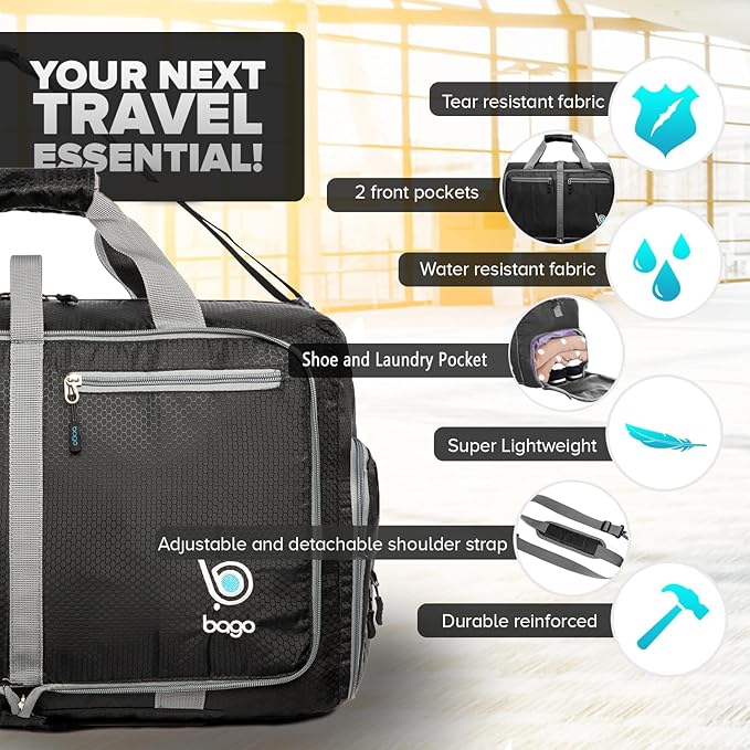 Bago Foldable Duffel Bags for Traveling Women & Men - 40L Sports Packable Duffle Bag for Travel with Shoe Compartment - Water Repellant, Heavy Duty, Lightweight Folding & Collapsible (Black)