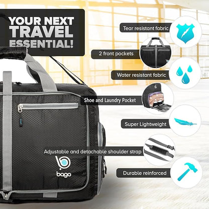 Bago Foldable Duffel Bags for Traveling Women & Men - 40L Sports Packable Duffle Bag for Travel with Shoe Compartment - Water Repellant, Heavy Duty, Lightweight Folding & Collapsible (Black)