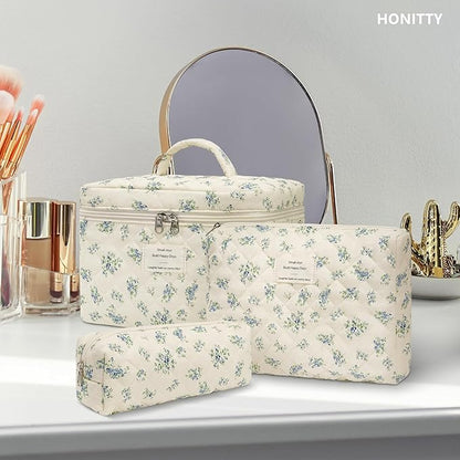 Makeup Bag,Quilted Cosmetic Bags,Large Floral Make Up Organize bag,Makeup Bag Set for Women,Flower Travel Toiletry Bag