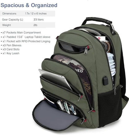 Boavan Laptop Backpack for men, 15.6 inch Laptop Bag with USB Port, Waterproof Travel Work Backpack Purse, Anti-Theft Teacher Nurse Doctor Casual Bookbags Office Business backpack,Green