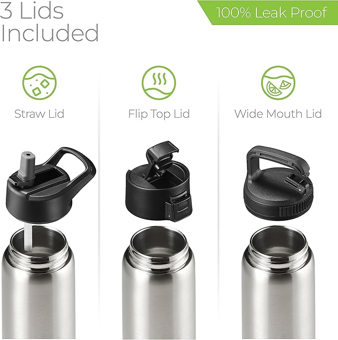 SipX™ 25oz Insulated Water Bottle with 3 Lids – Leakproof Stainless Steel, Triple Insulated – Cold 24 Hours/Hot 12 Hours – Durable Bottle for School, Gym, Travel – Stainless