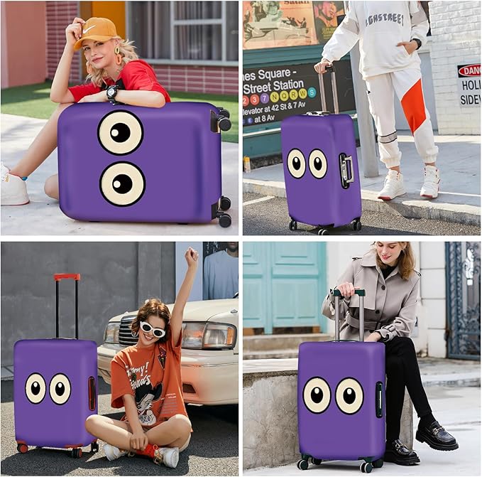 ANNA QUEEN Funny Cartoon Eyes Luggage Cover, Purple Suitcase Protector with Cute Big Eyes Design, Travel Suitcase Cover for 32-34 Inch Luggage, Stretchable & Washable Spandex Travel Accessories