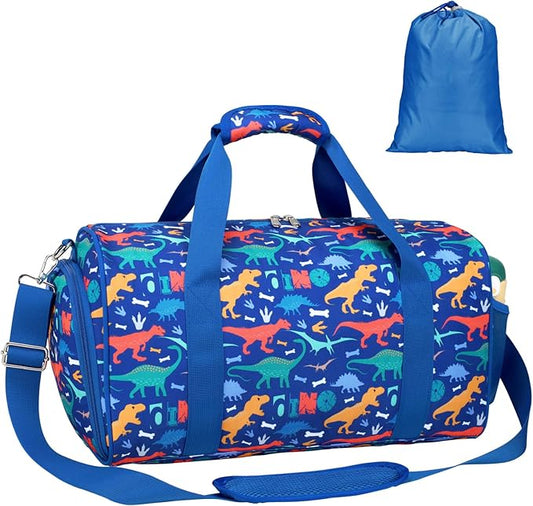 Bagseri Kids Duffle Bag Boys - Waterproof Sports Gym Bag for Travel Sleepover Overnight Bag with Shoe Compartment and Dry Wet Separation Pockets (Blue Dinosaur)