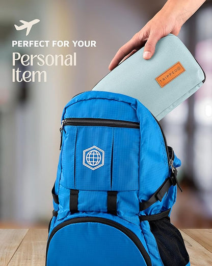 Tech Bag Organizer - Small Electronics Organizer Pouch for Travel - Premium Travel Case with Leather Accents - Mesh Pocket for Cables, Cords and Chargers (Dusty Teal)