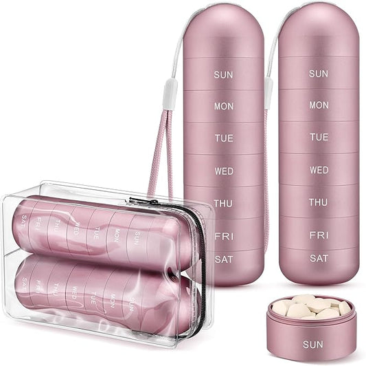 [2 Pack] Zannaki Metal Travel Pill Organizer, Portable Waterproof Weekly Pill Box, Large Aluminum Alloy Pill Case Container, BPA Free 7 Day Daily Medicine Organizer Holder for Vitamin, Supplement