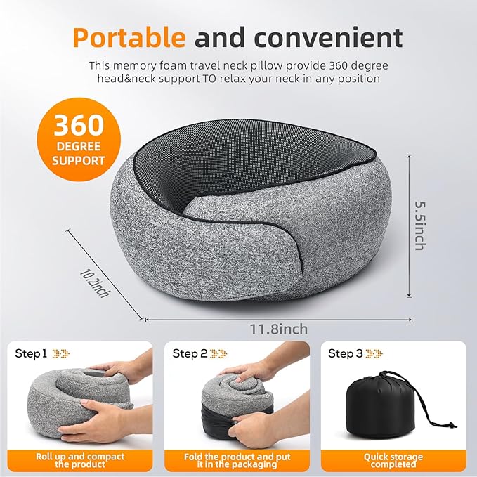 Travel Pillows for Airplanes, 100% Pure Memory Foam Neck Pillow with Alternative Cooling Ice Silk Cover, Ergonomic Support, Washable Cover, Eye Mask, Earplugs, Neck Pillow for Flight Trips