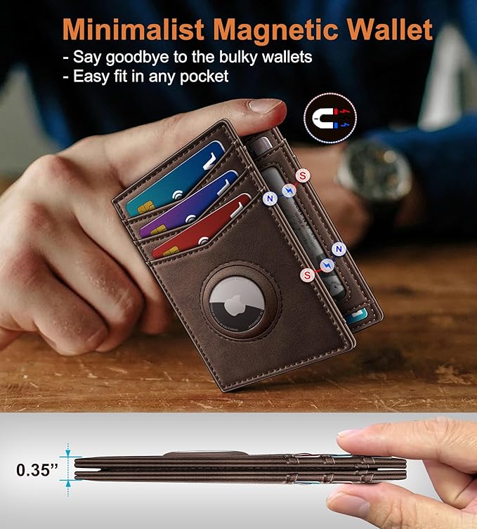 Airtag Slim Leather Wallet for Men - 12-Card Capacity, Magnetic Closure, Money Clip & Simplified Bill Compartment, RFID Blocking (4.3" x 3.0") | Gift Boxed