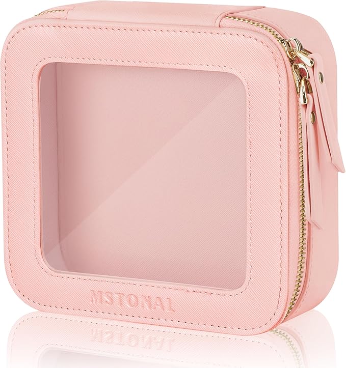 Clear Makeup Bag, Travel Toiletry Bag Cosmetic Case for Women, Waterproof Portable Small Make Up Skincare Pouch with Zipper, Compact Car Organizer Bag for Essentials, Mini Size, Pink