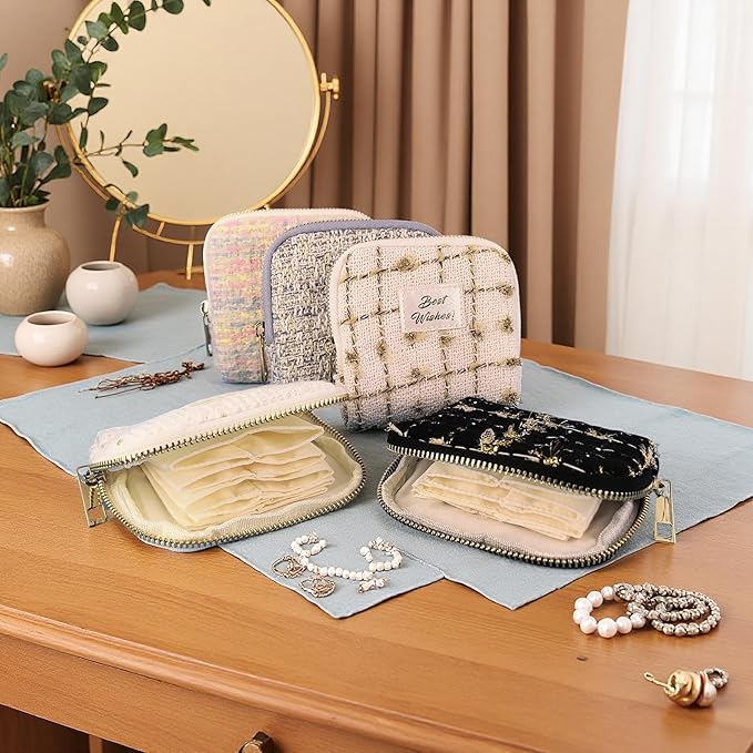 Small Travel Jewelry Case, Soft Tweed Organizer Pouch for Bangle, Bracelets, large Earrings, Beaded necklace, Anti-Scratch & Portable Jewelry Bag Holder for Travel & Everyday Use (Black Sparkle)