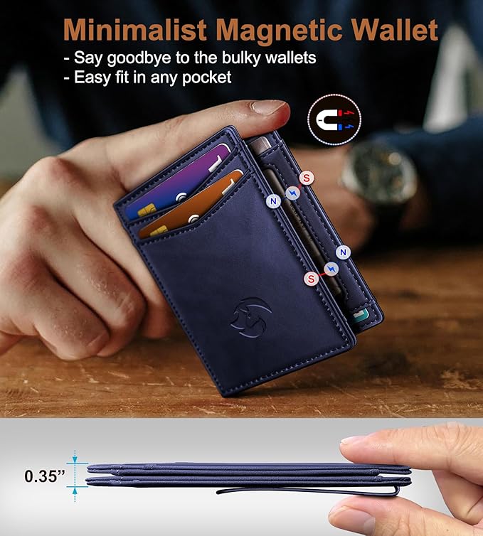 Magnetic Closure Slim Wallet with Money Clip Gift Boxed,Genuine Leather Front Pocket Wallet for Men, 3.9"x 2.11", RFID Blocking