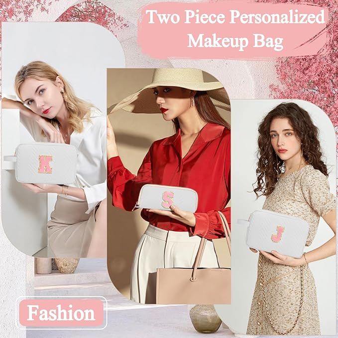 Personalized Initial Makeup Bag Trendy Stuff Leather Waterproof Cosmetic Bag Travel Toiletry Bag, Christmas/Thanksgiving/Halloween Gifts Makeup Organizer Case for Women Girls Mom Girlfriend Wife