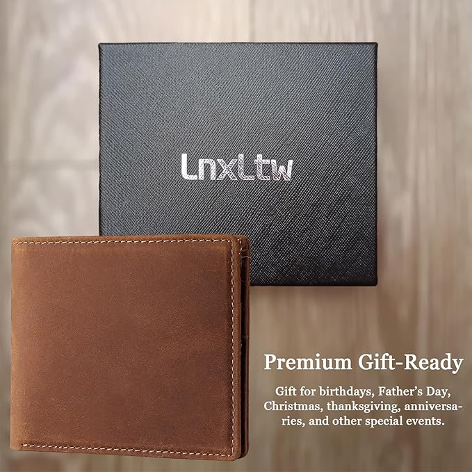 Mens Slim Bifold Wallet RFID Blocking | Genuine Leather Back/Front Pocket Design for Men | 6 Card Slots, 2 Cash Pockets & 1 ID Window | 4x3x0.7″ Thin Horizontal Wallets Christmas Gift Box