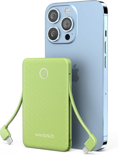 miisso 6000mah Ultra Slim Built in Cables Power Bank, Card Size Built in USB C Cords Battery Pack Portable Charger for Phones, 3 Output External Battery Pack Compatible with iPhone, Deep Green