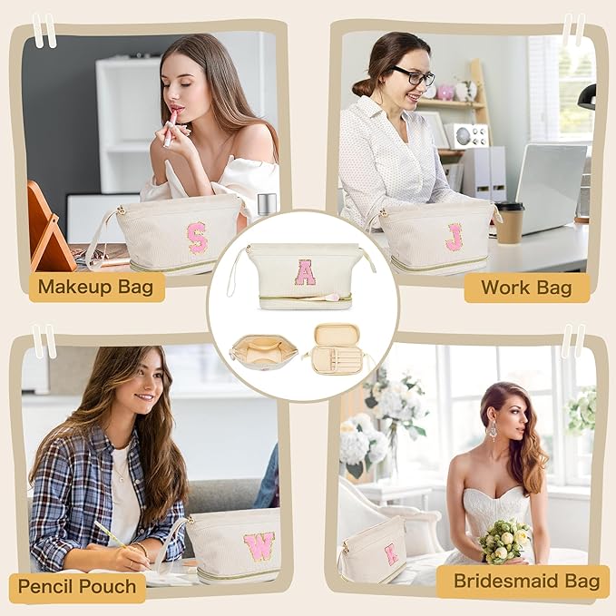 Makeup Bag for Girls Gift, Personalized Christmas Gifts Initial Women Makeup Bag for Travel, Double Layer Cosmetic Bag with Brush Organizer Preppy Make up Bag for Teen Girl Trendy - Q