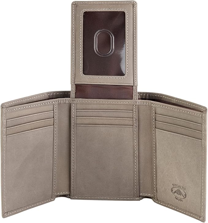 Stealth Mode Trifold Wallet - RFID Blocking Wallet with Flip ID Holder - Leather Case for Money, Credit Cards - Mens Organizer, Divided Billfold, Identity Protection - Men's Gifts (Grey)
