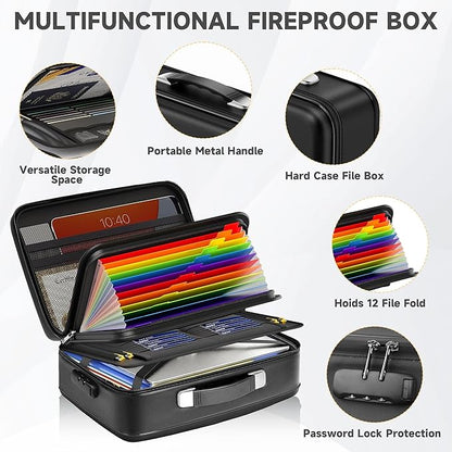 Fireproof Document Box,Fireproof and Waterproof Document Safe,Portable File Storage Box With Lock,Large Capacity,Hard Shell Material,For Storing Important Documents and Valuables (black)