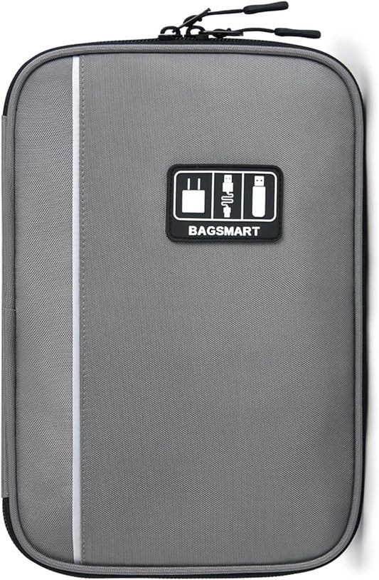 BAGSMART Large Electronics Travel Organizer Case, Tech Accessories Cord Storage Bag for Phone, Power Bank, SD Card, Cables, Grey