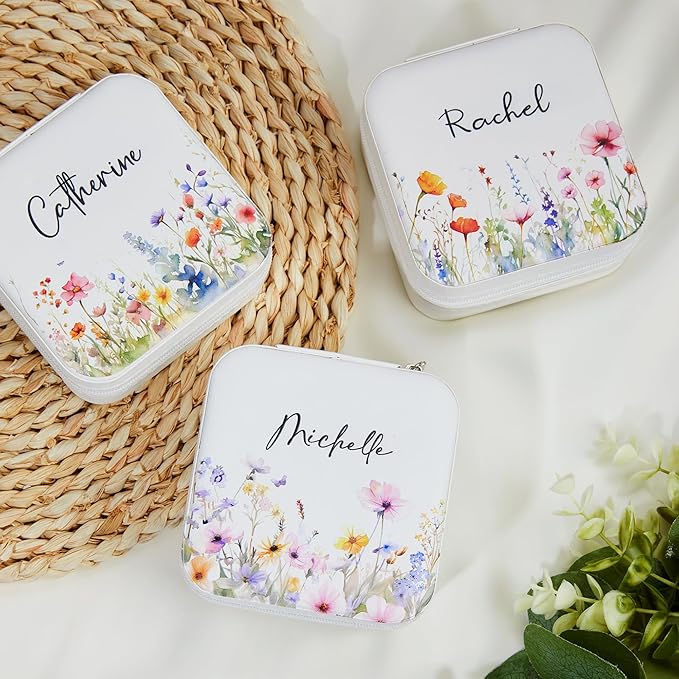 Custom Travel Jewelry Case With Mirror Small Leather Custom Name Birth Flower Jewelry Travel Case Birthday Jewelry Box Christmas Gifts For Mother Grandma Daughter Women Size 4×4×2INCH