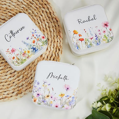 Custom Travel Jewelry Case With Mirror Small Leather Custom Name Birth Flower Jewelry Travel Case Birthday Jewelry Box Christmas Gifts For Mother Grandma Daughter Women Size 4×4×2INCH