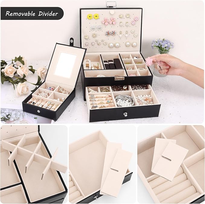 DesignSter Jewelry Organizer Box, 2 Layers Large Jewelry Box with Travel Jewelry Case, Leather Jewelry Storage Case for Rings Earrings Bracelets Necklaces (Black)