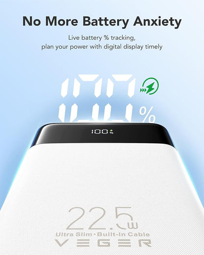 VEGER Portable Charger with Built in Cables, Slim 10000mAh PD 22.5W Fast Charging USB C Power Bank, 4 Outputs 3 Inputs Battery Pack Compatible with iPhone 16 15 14 13 Samsung iPad - Travel Essential