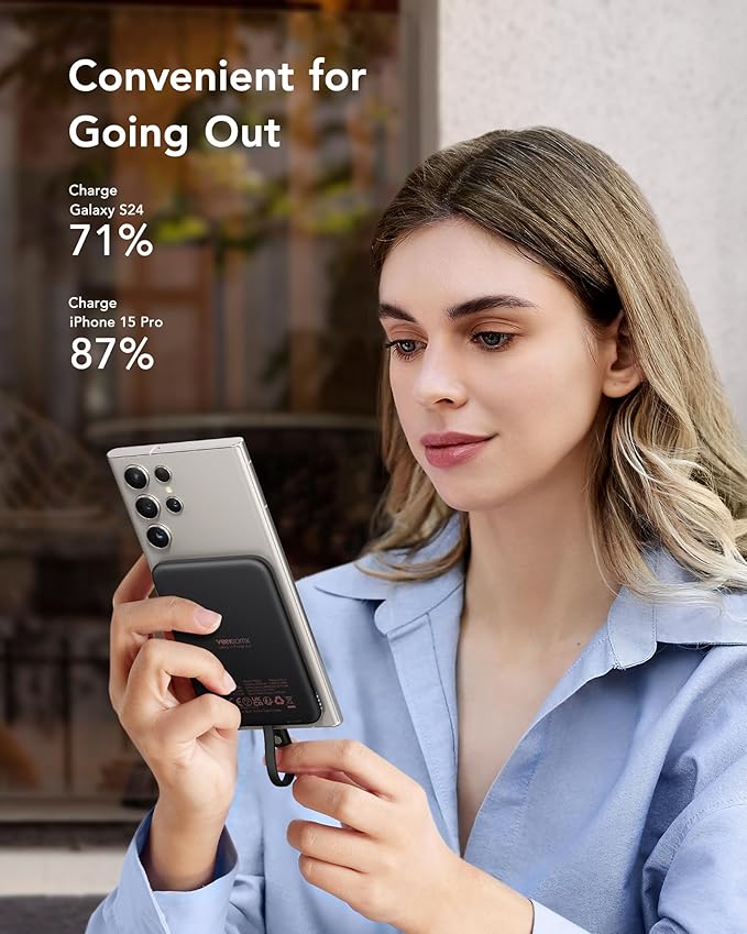 VEEKTOMX Slim Portable Charger, 5000mAh Lightweight Power Bank with Wired USB C Cable, Ultra Thin Battery Pack Compatible with iPhone 15/Plus/Pro/Pro Max/Samsung/Android(Non-Wireless Charging), Black