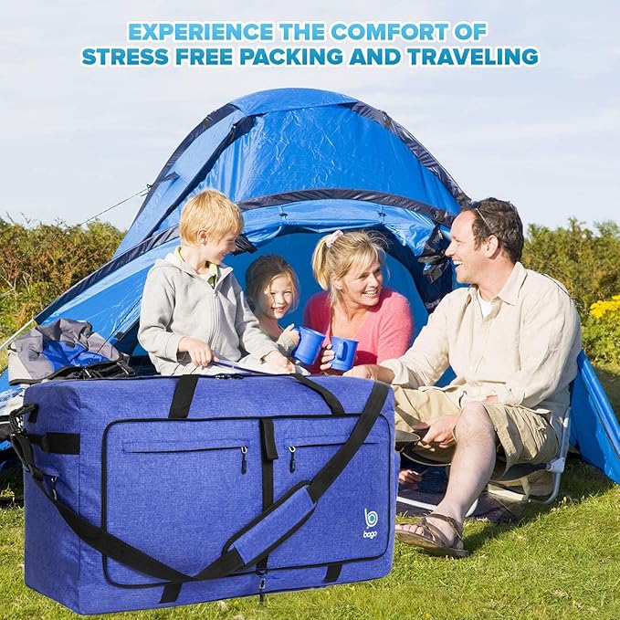 Bago Big XXL Foldable Duffel Bags for Traveling Women & Men - 140L Packable Duffle Bag for Travel with Shoe Compartment - Water Repellant, Heavy Duty, Lightweight Folding & Collapsible (SnowDepBlue)