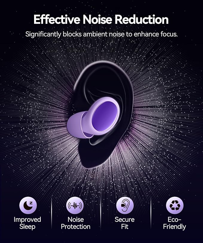 Ear Plugs for Sleeping 45dB Noise Cancelling Ear Plugs for Noise Reduction & Snoring, Concerts, Earplugs for Sleep, Sider Sleepers Airplane, Silicone Earplugs Reusable Concert Ear Plug +8Tip Violet