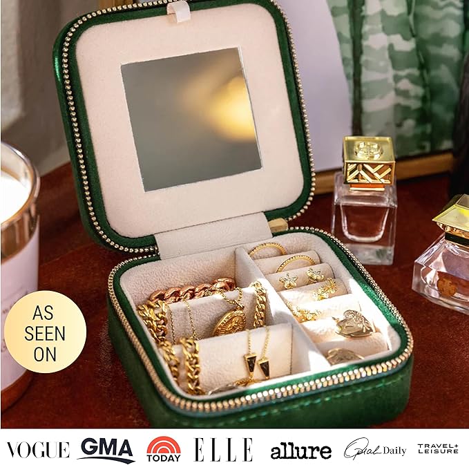 Benevolence LA Plush Velvet Jewelry Box | Travel Jewelry Case Organizer with Mirror | Featured in Oprah's Favorite Things | Best Gifts For Daughter, Girlfriend, Mom | Gifts For Her - Emerald