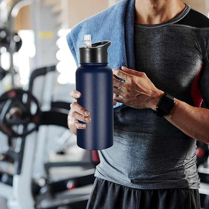 VEGOND 32 oz Insulated Water Bottle Stainless Steel Metal Water Bottles with Leak Proof Straw Lid & Spout Lid, Wide Mouth Double Walled Vacuum Travel Sports Bottle, Navy Blue