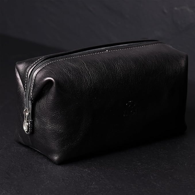 Time Resistance Leather Toiletry Bag Cosmetic Case Italian Classy Dopp Kit