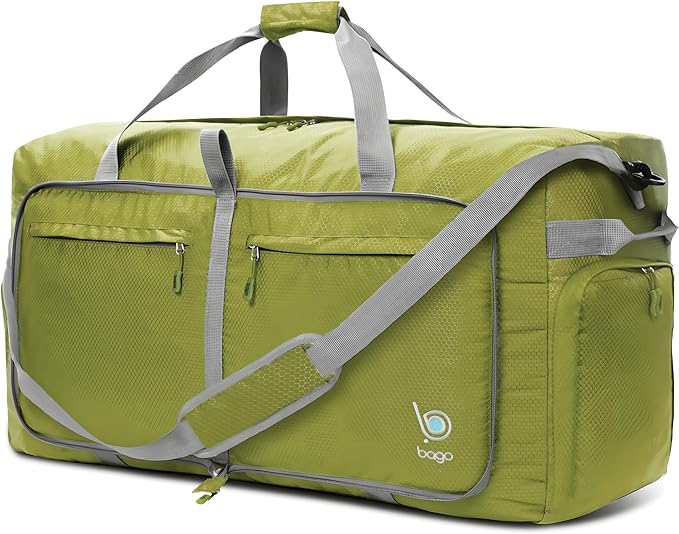 Bago Large Foldable Duffel Bags for Traveling Women & Men - 100L Packable Duffle Bag for Travel with Shoe Compartment - Water Repellant, Heavy Duty, Lightweight Folding & Collapsible (Green)