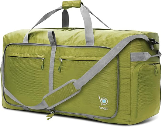 Bago Large Foldable Duffel Bags for Traveling Women & Men - 100L Packable Duffle Bag for Travel with Shoe Compartment - Water Repellant, Heavy Duty, Lightweight Folding & Collapsible (Green)